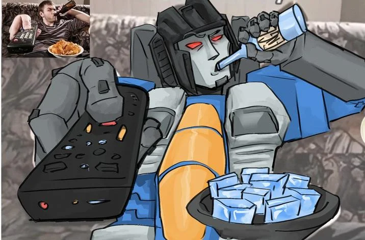 Guy Sipping Beer On A Couch Stock Image — Fan art redraw featuring Transformers-style robot in beer couch pose with ice cubes and source photo inset.
