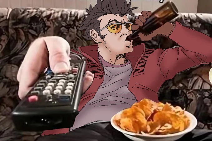Guy Sipping Beer On A Couch Stock Image — Photoshop composite of anime character in red jacket and sunglasses placed in beer couch scene.