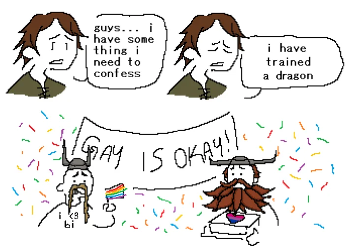 Guys I Have Something I Need To Confess Gay Is Okay — Meme variation with character confessing 'I have trained a dragon' with celebratory response.