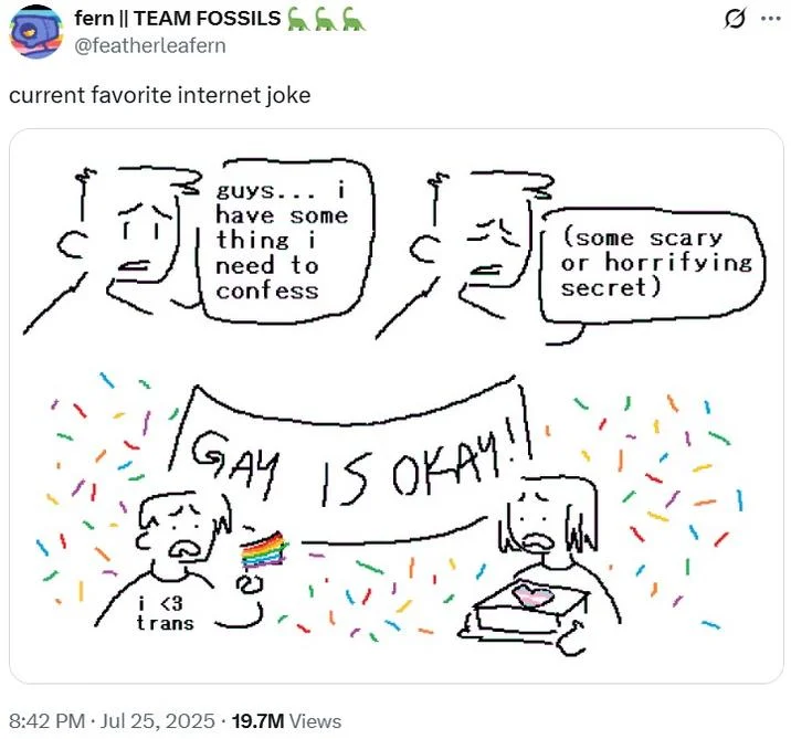 Guys I Have Something I Need To Confess Gay Is Okay — Twitter screenshot of original meme post from @featherleafern with stick figure comic and 'GAY IS OKAY!'
