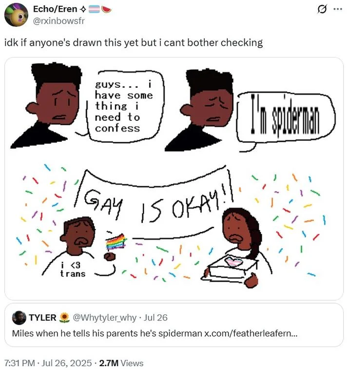Guys I Have Something I Need To Confess Gay Is Okay — Meme variation where confessor reveals being Spider-Man with celebratory 'GAY IS OKAY!' response.
