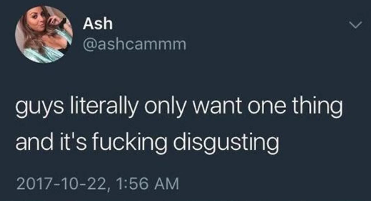 Twitter screenshot of Ash @ashcammm tweeting 'guys literally only want one thing and it's fucking disgusting'.