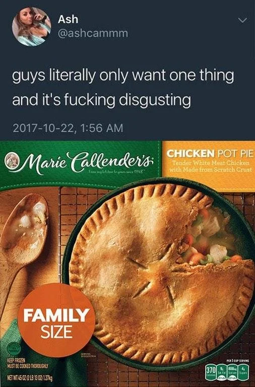 Guys Literally Only Want One Thing And It's Fucking Disgusting — Original tweet stacked above a Marie Callender's Chicken Pot Pie family-size box.
