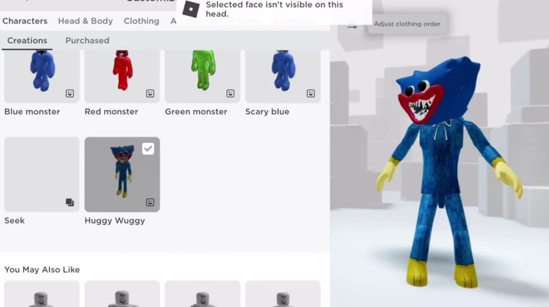 Guys What One Is Your Favorite Huggy Wuggy Seek Scary Blue Zumbo Sauce — Roblox avatar customization menu with Huggy Wuggy, Seek and Scary Blue monster