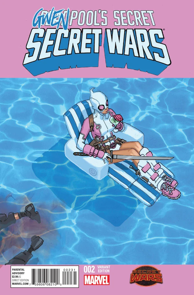 Gwenpool comic book title logo in pink and blue lettering