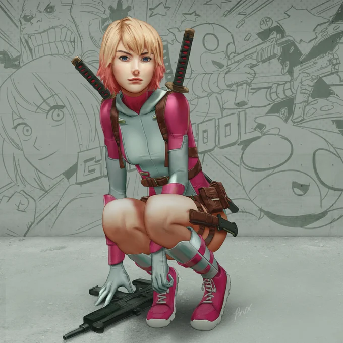 Digital fan art portrait of Gwenpool unmasked with blonde and pink hair