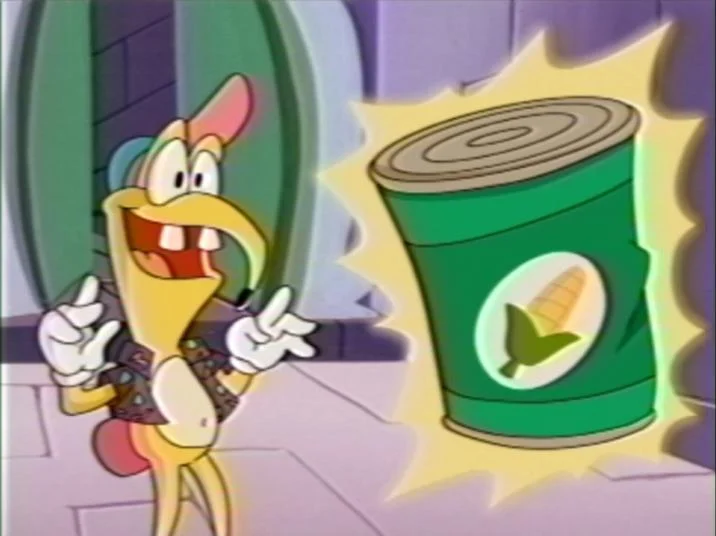 Gwimbly Smiling Friends — Gwimbly in classic 90s cartoon style presenting a can of creamed corn