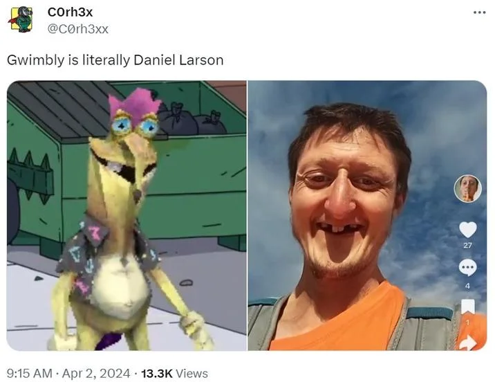 Gwimbly Smiling Friends — Twitter meme comparing Gwimbly to Daniel Larson