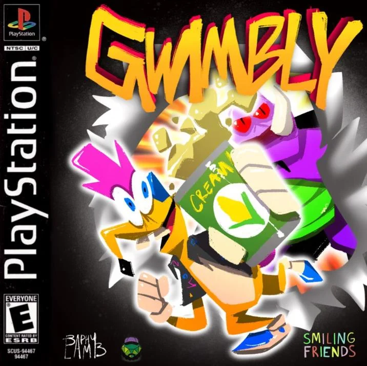 Gwimbly Smiling Friends — Fake PlayStation 1 game cover art for a fictional Gwimbly video game