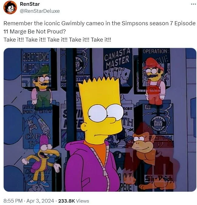 Gwimbly Smiling Friends — Tweet showing a fake Simpsons scene with Gwimbly toy figurines inserted