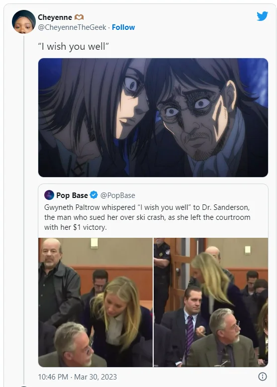 Gwyneth Paltrow Ski Trial — Twitter meme pairing 'I wish you well' quote with anime character reactions showing phrase as standalone meme.
