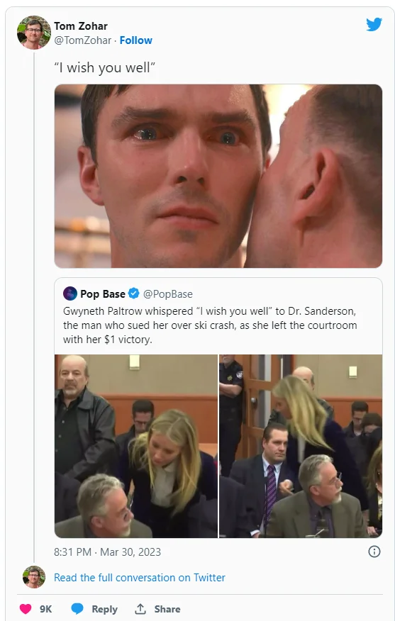 Gwyneth Paltrow Ski Trial — Anime meme adaptation combining 'I wish you well' quote with anime character reaction images.