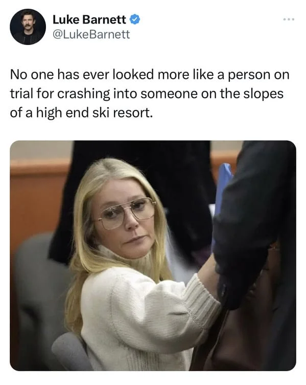 Gwyneth Paltrow Ski Trial — Luke Barnett's tweet observing Paltrow's composed courtroom expression with witness stand photograph.