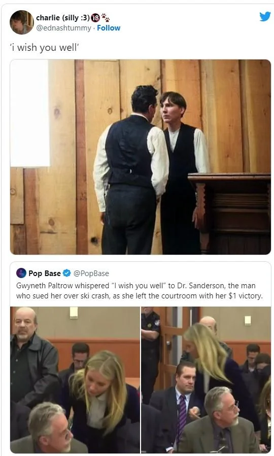 Gwyneth Paltrow Ski Trial — Meme format combining 'I wish you well' statement with unrelated pop culture reaction illustrating ironic phrase usage.