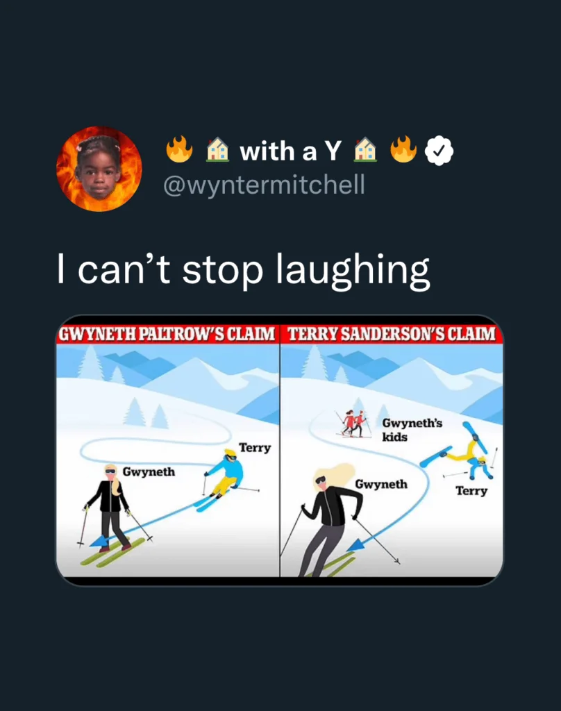 Gwyneth Paltrow Ski Trial — User-created meme diagram comparing skiing trajectories labeled with Paltrow and Sanderson's claims illustrating disputed collision