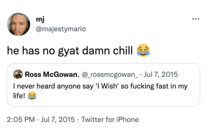 Gyatt — Twitter screenshot showing 'he has no gyat damn chill' usage in conversation.