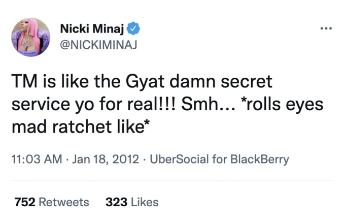 Gyatt — Nicki Minaj tweet from January 18, 2012 using 'Gyat' in hip-hop context.