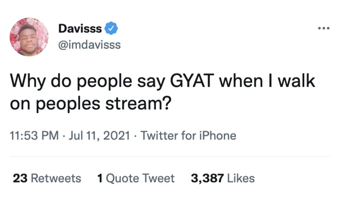 Tweet from Davisss asking why people say gyatt when they walk on stream.