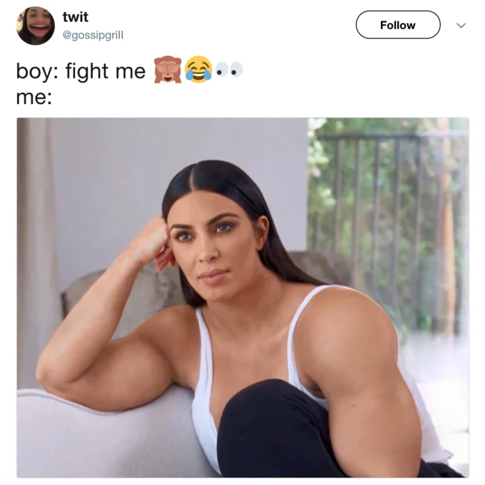 Gym Kardashian — Tweet about groceries with three buff Kim Kardashian photoshops