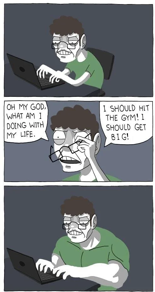 Gymcel — Comic meme strip with character at computer expressing existential anxiety and gym references.