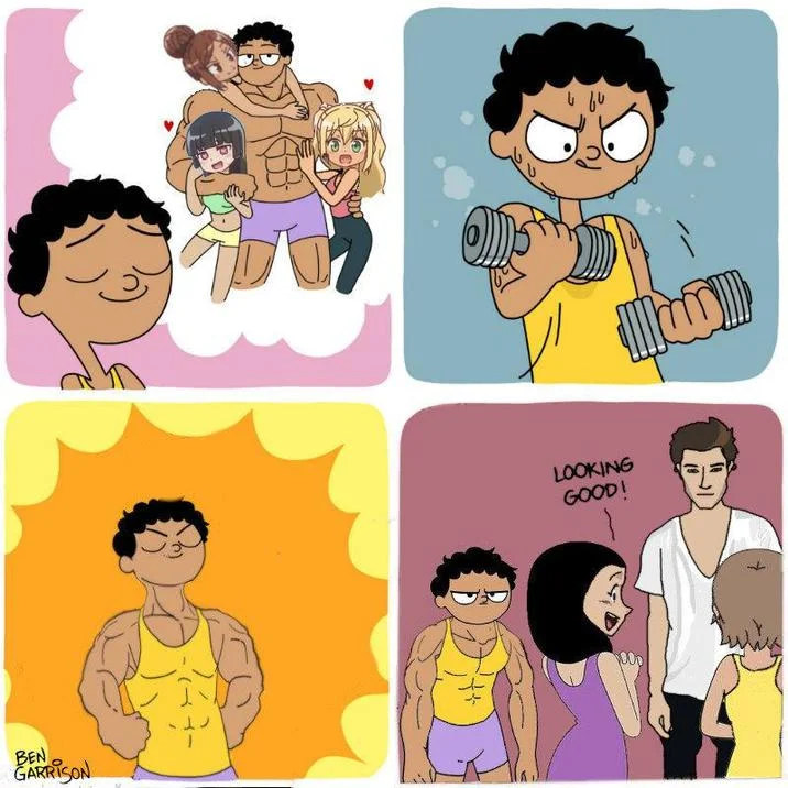 Four-panel cartoon showing Gymcel progression from imagining women to building physique to social awkwardness.