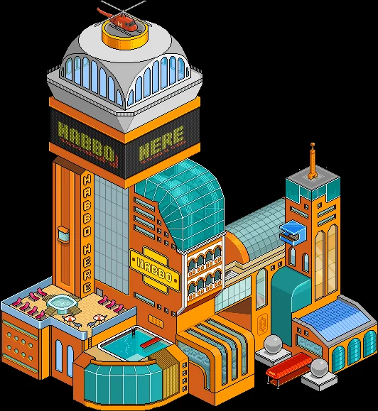 Animated pixel-art isometric Habbo hotel building with dome and pools