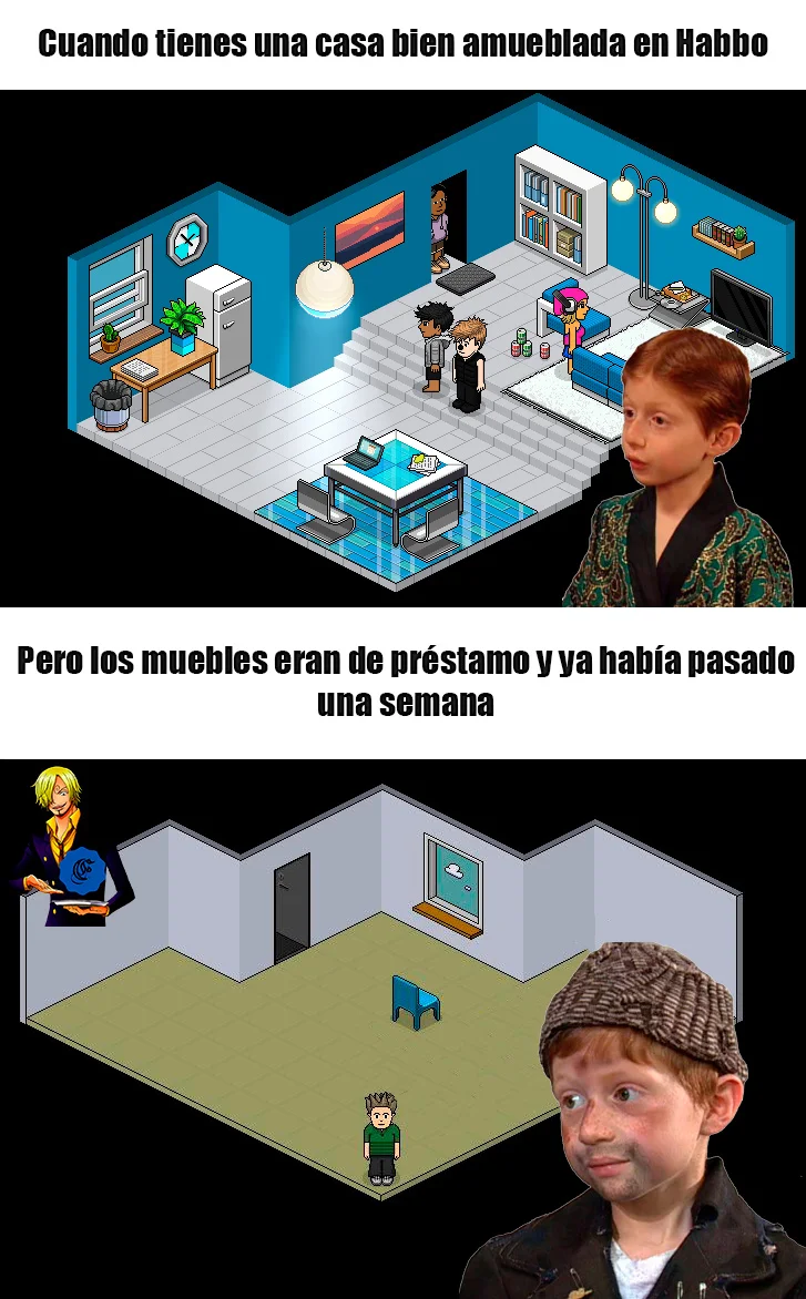 Two-panel Habbo Hotel meme comparing well-decorated room expectation with empty disappointed reality using in-game screenshots.