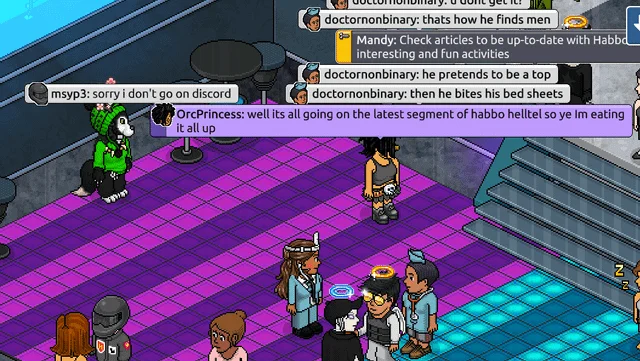 In-game screenshot of Habbo Hotel room with magenta checkered floor, avatars, and visible chat messages showing player conversations.
