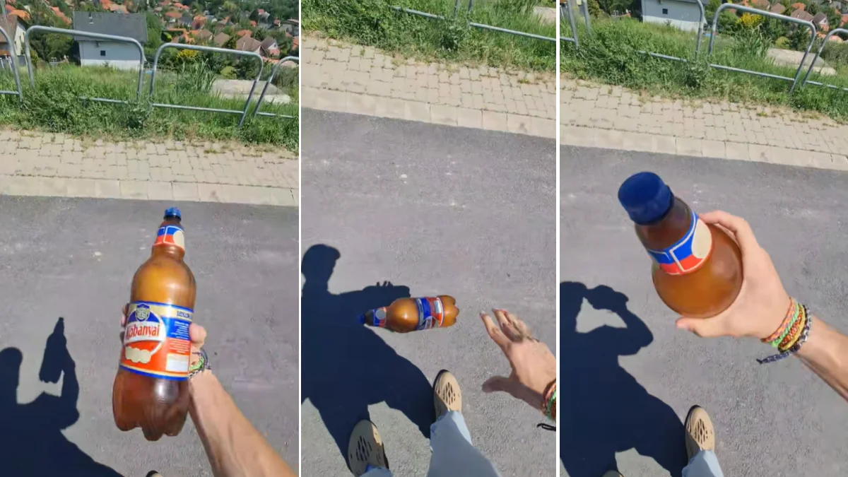 Habos Babos — Three-panel first-person view of a Kőbányai beer bottle being dropped and caught on pavement