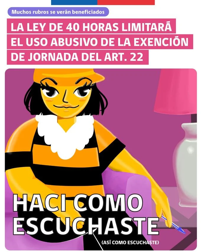 Chilean government graphic about 40-hour workweek law with illustrated haci como escuchaste bee character
