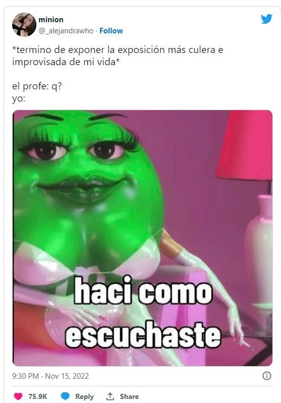 Twitter post using the haci como escuchaste meme as a reaction to an improvised school presentation