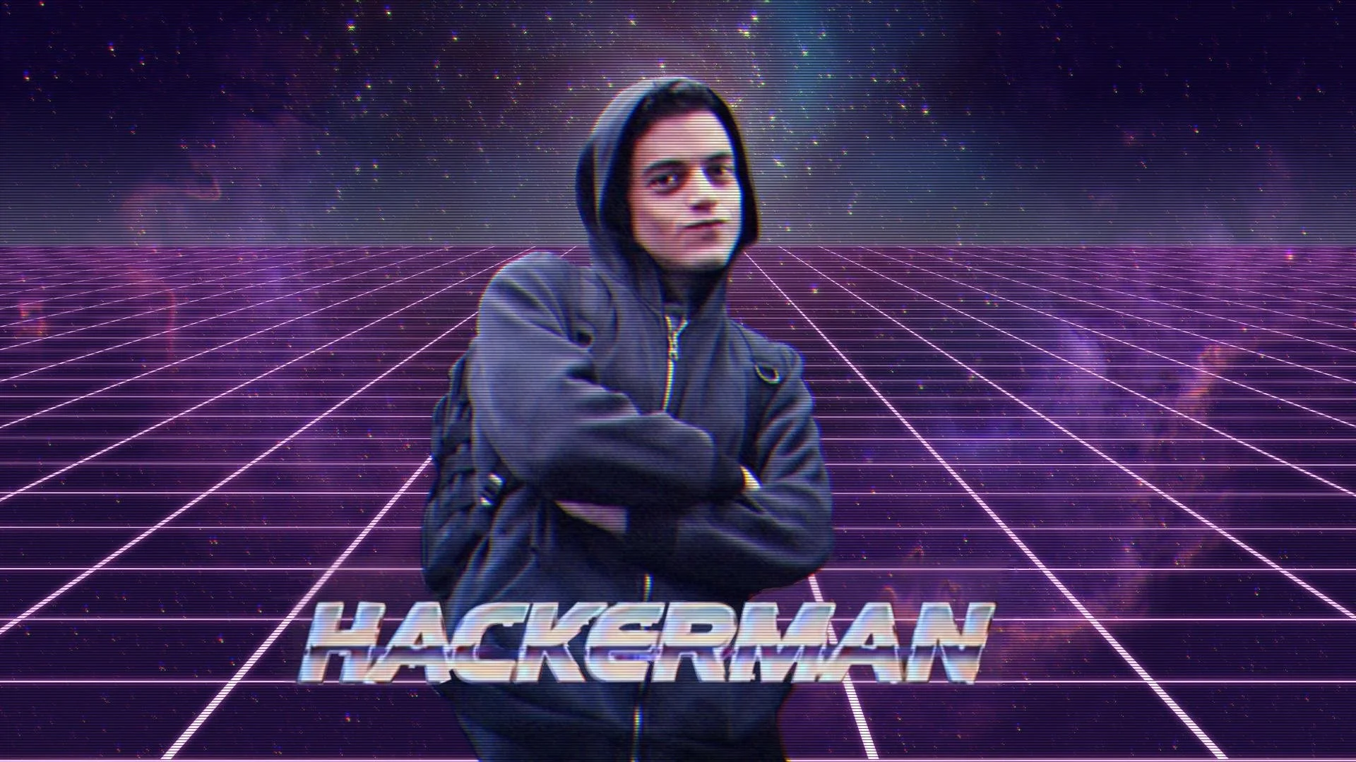 Hooded Elliot Alderson over purple synthwave grid with chrome 'HACKERMAN' text
