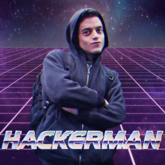Square Hackerman meme image with Elliot Alderson and neon grid
