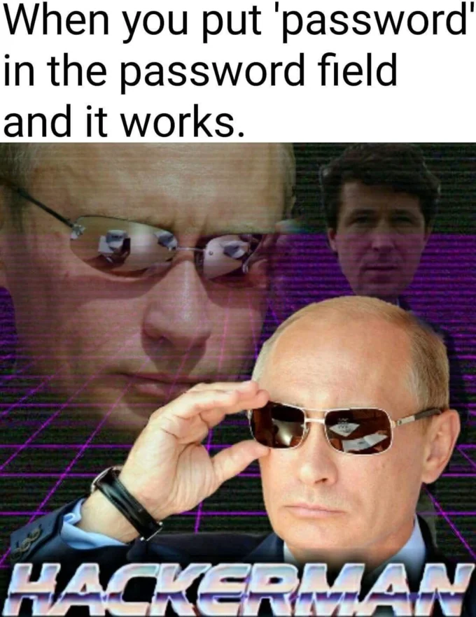 Putin lowers sunglasses over Hackerman grid with password joke caption