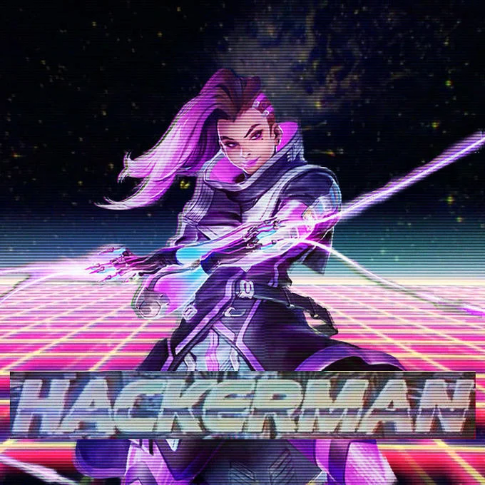 Sombra from Overwatch synthwave edit with 'HACKERMAN' chrome text