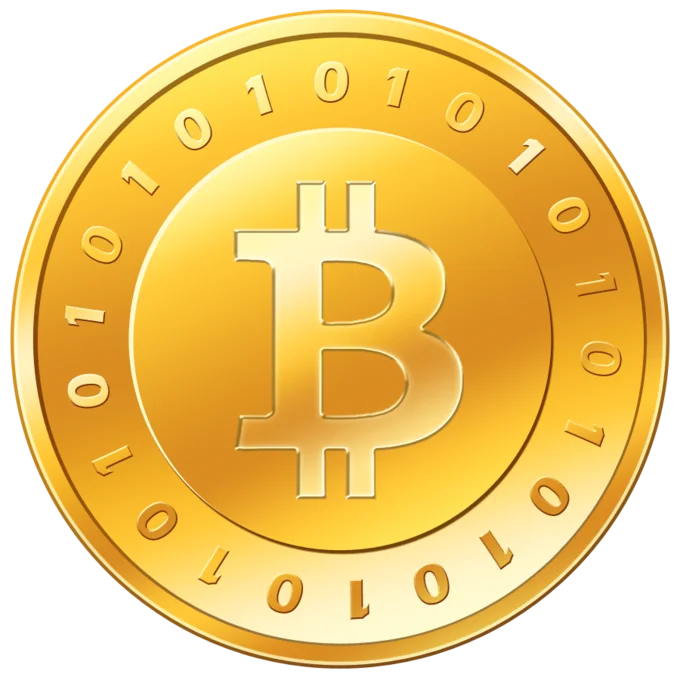 Hacktivism — Golden Bitcoin coin logo with binary digits around the edge