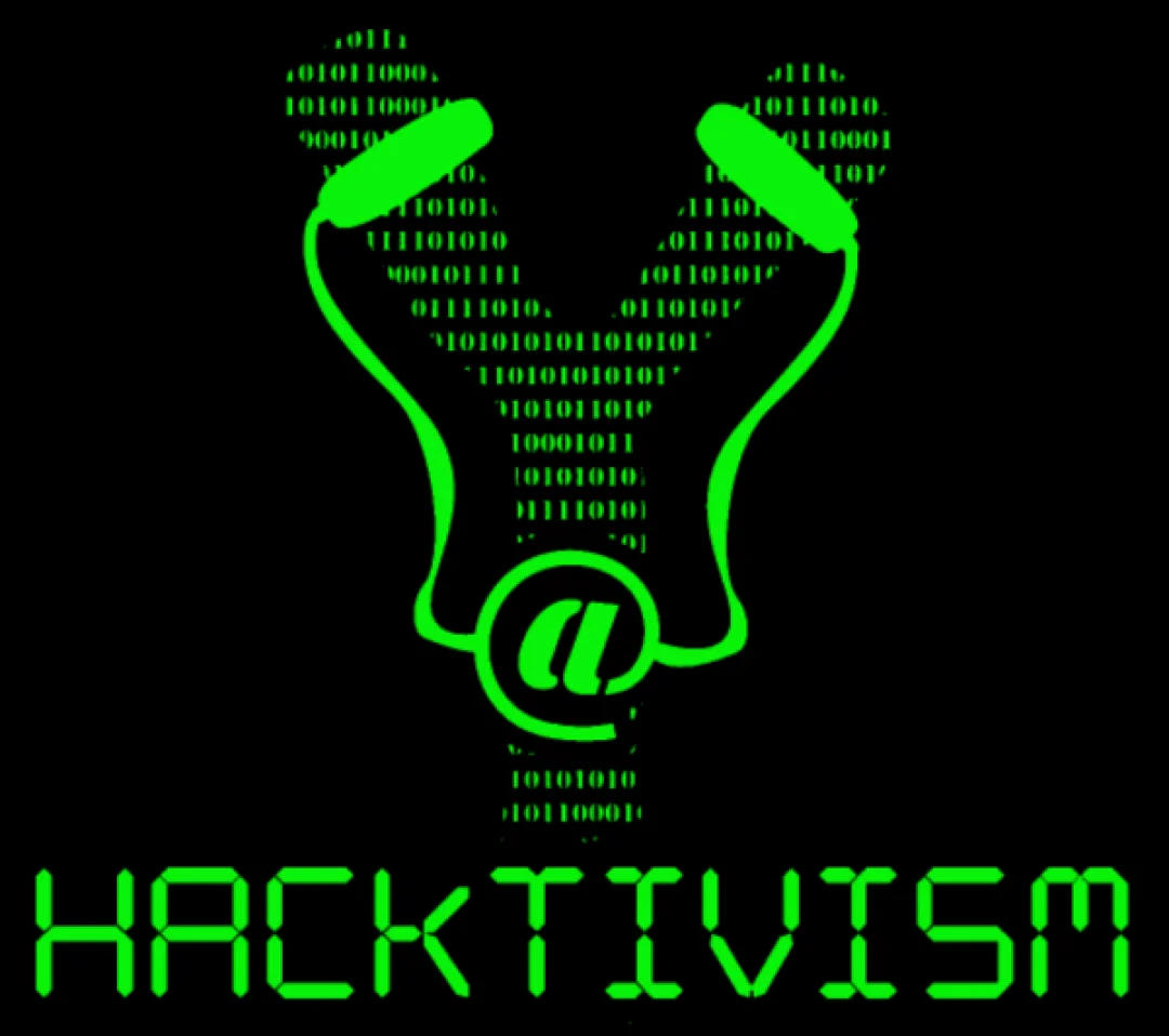 Green binary-code figure with @ symbol above the word HACKTIVISM on black background