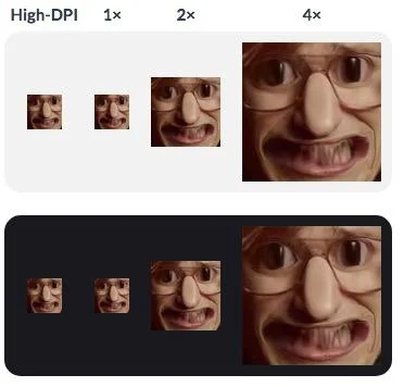 High-DPI rendering comparison of the haHAA emote at 1x, 2x, and 4x zoom levels on light and dark backgrounds.