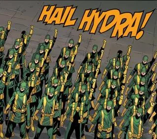 A Marvel comic book panel showing Hydra soldiers in green and yellow uniforms with arms raised in salute, with 'HAIL HYDRA!' lettering above.