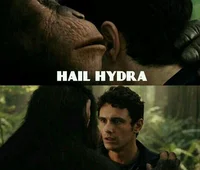 A two-panel image macro from Planet of the Apes showing an ape leaning in close to a human character with 'HAIL HYDRA' text overlay.