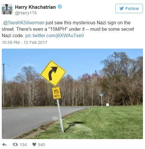 Hale Hortler — Tweet by @Harry1T6 pointing at curve road sign as fake Nazi symbol