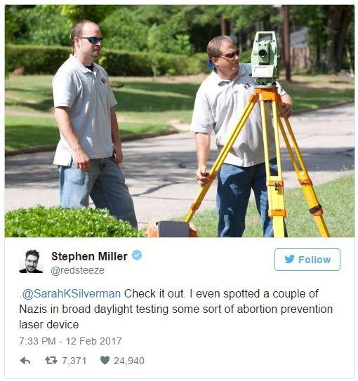 Hale Hortler — Tweet by @redsteeze mocking Sarah Silverman with photo of land surveyors