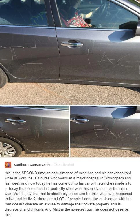 Hale Hortler — Tumblr post with photos of scratched car door and caption about alleged homophobic vandalism