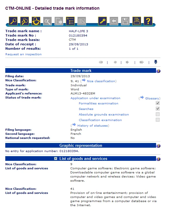 Half Life 3 Confirmed — CTM-Online trademark record showing HALF-LIFE 3 filing by Valve