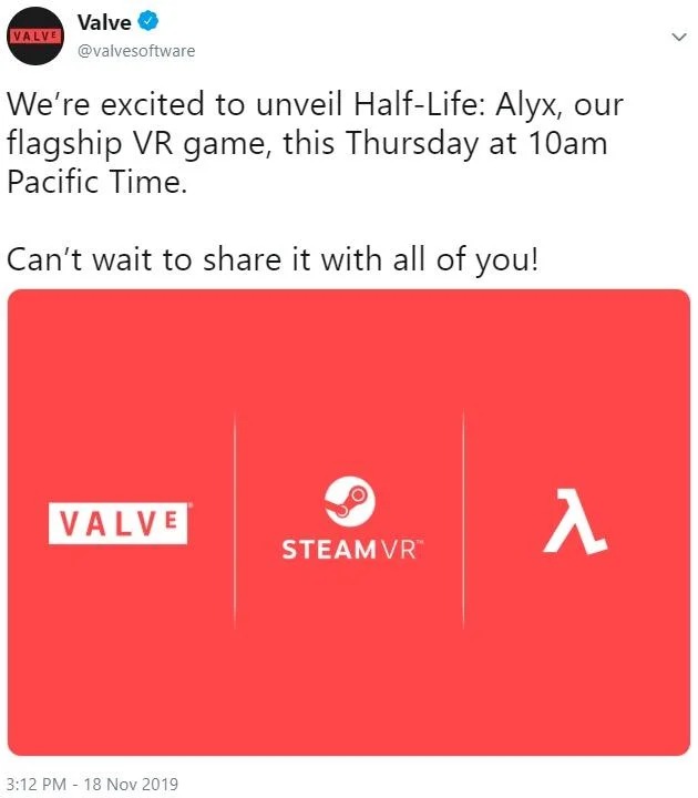 Valve Twitter post announcing Half-Life: Alyx VR game reveal