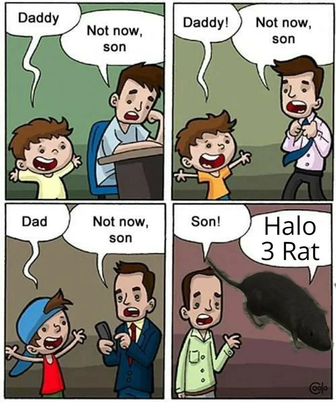 A comic-style meme depicting an escalating father-child dialogue that culminates with 'Halo 3 Rat' as the final response.