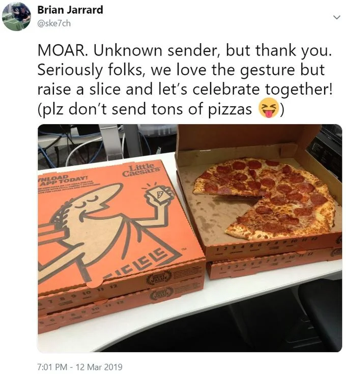 Halo — Brian Jarrard tweet showing Little Caesars pizza boxes sent to 343 Industries