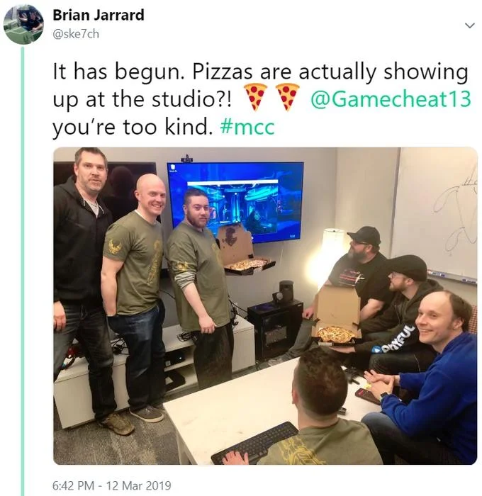 Halo — Screenshot of Brian Jarrard tweet with 343 Industries staff and pizza boxes