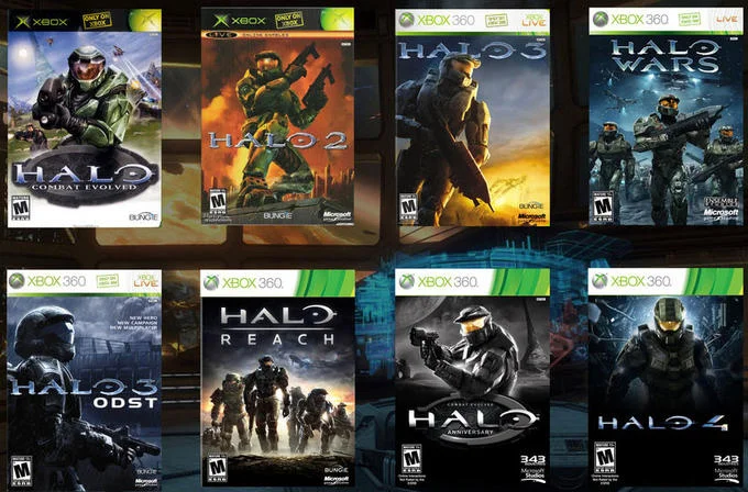 Collage of eight Halo video game box covers for Xbox and Xbox 360