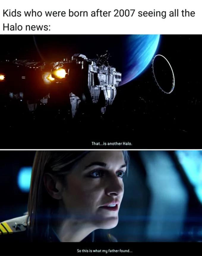 Two-panel Halo TV show meme about newer Halo fans reacting to franchise news